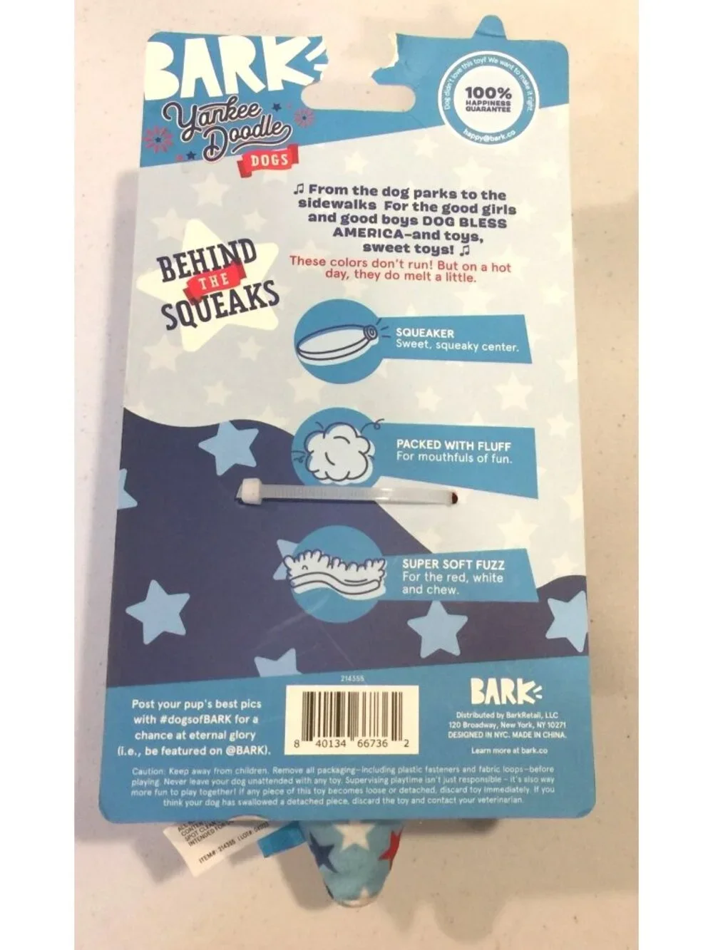 BARK Yankee Doodle Dog Liberty Cone Plush Patriotic Ice Cone Squeak Dog Toy